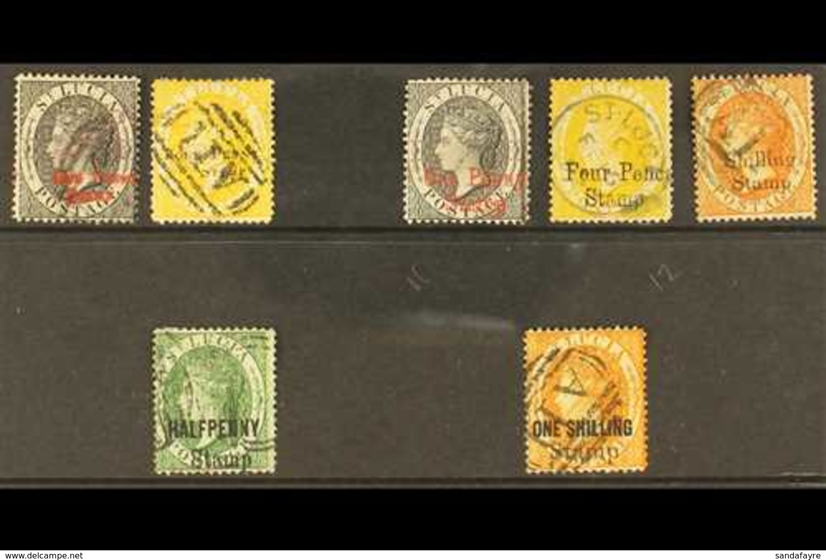 POSTAL FISCAL STAMPS 1881 CC Wmk USED SELECTION On A Stock Card That Includes (Type F1 Surcharge) 1d Black & 4d Yellow,  - St.Lucia (...-1978)