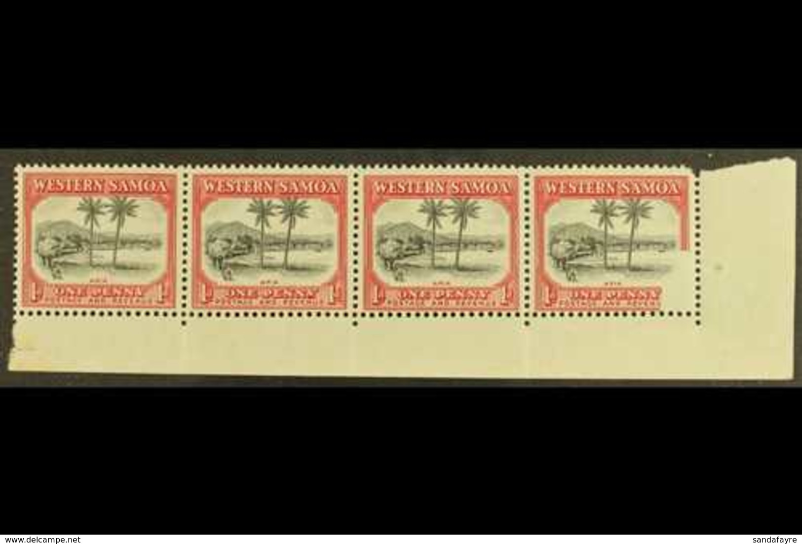 1935 Definitive 1d Black And Carmine, SG 181, Fine Mint Corner Marginal Strip Of Four, The Corner Stamp (never Hinged, S - Samoa (Staat)