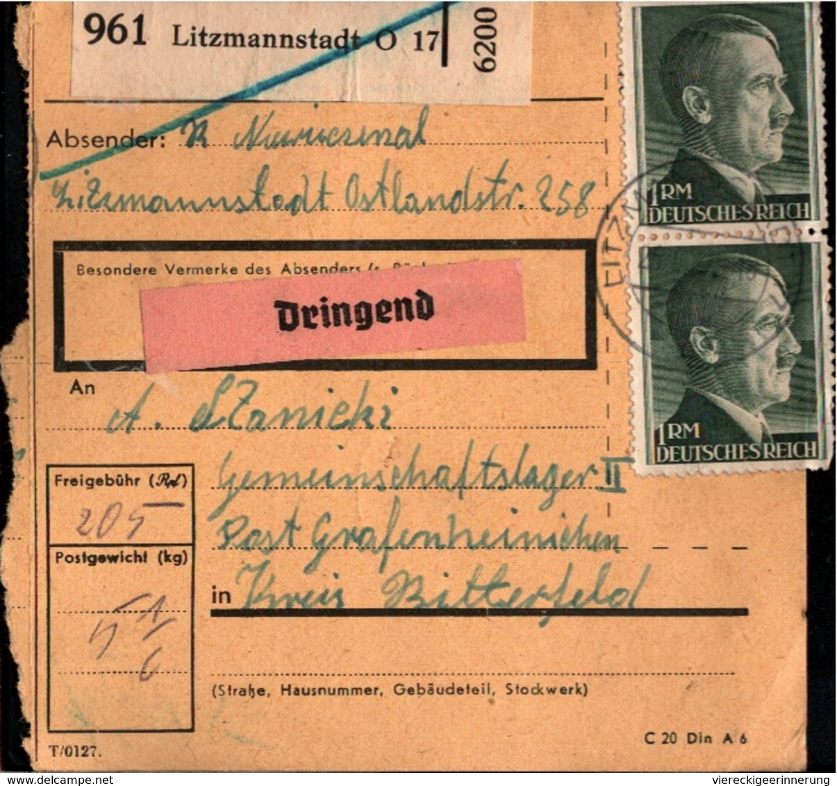 ! 1943 Paketkarte Deutsches Reich, Litzmannstadt Nach Gräfenhainichen, Lager - Lettres & Documents