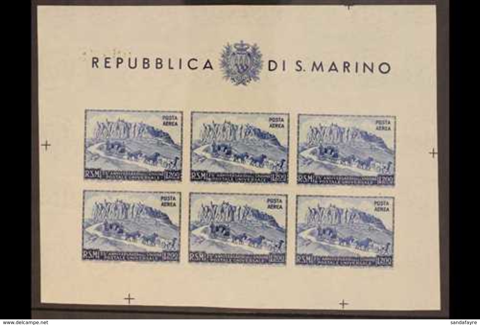 1951 75th Anniversary Of UPU 200L Air IMPERF complete Sheetlet Of Six, Sassone Foglietti 11, Very Fine Mint, The Stamps  - Altri & Non Classificati