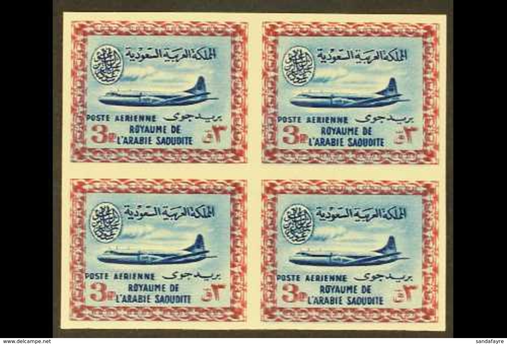 1961 3p Blue And Pale Claret Air, Vickers Viscount, Imperf Block Of 4, Variety "frame Printed Double", As SG 430var (unl - Saudi Arabia