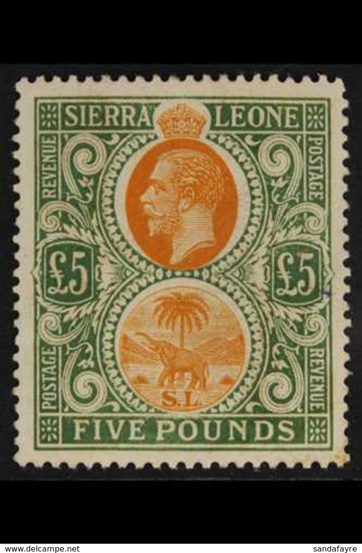 1921 - 27 £5 Orange And Green, Geo V With Elephant And Palm, Wmk Script CA, SG 148, Mint. Lovely Fresh Stamp With Bright - Sierra Leone (...-1960)