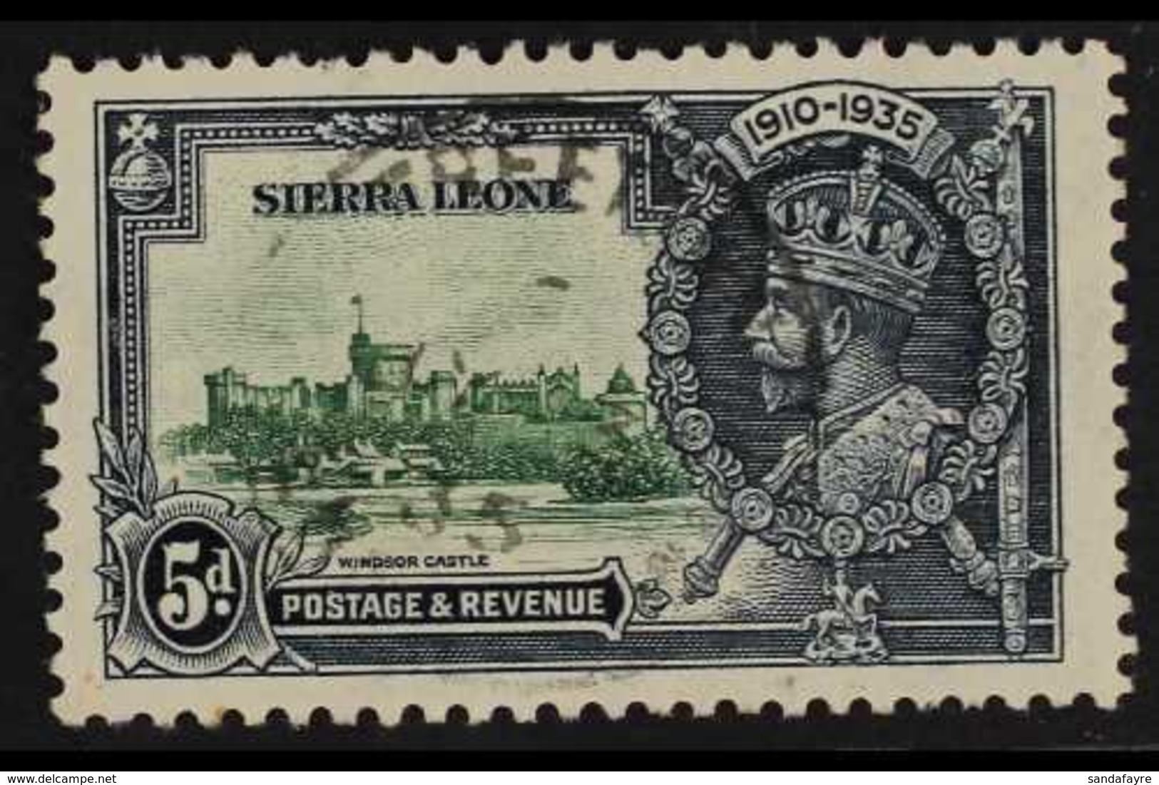 1935 5d Green And Indigo Silver Jubilee, Variety "Lightening Conductor", SG 183c, Fine Used. For More Images, Please Vis - Sierra Leone (...-1960)