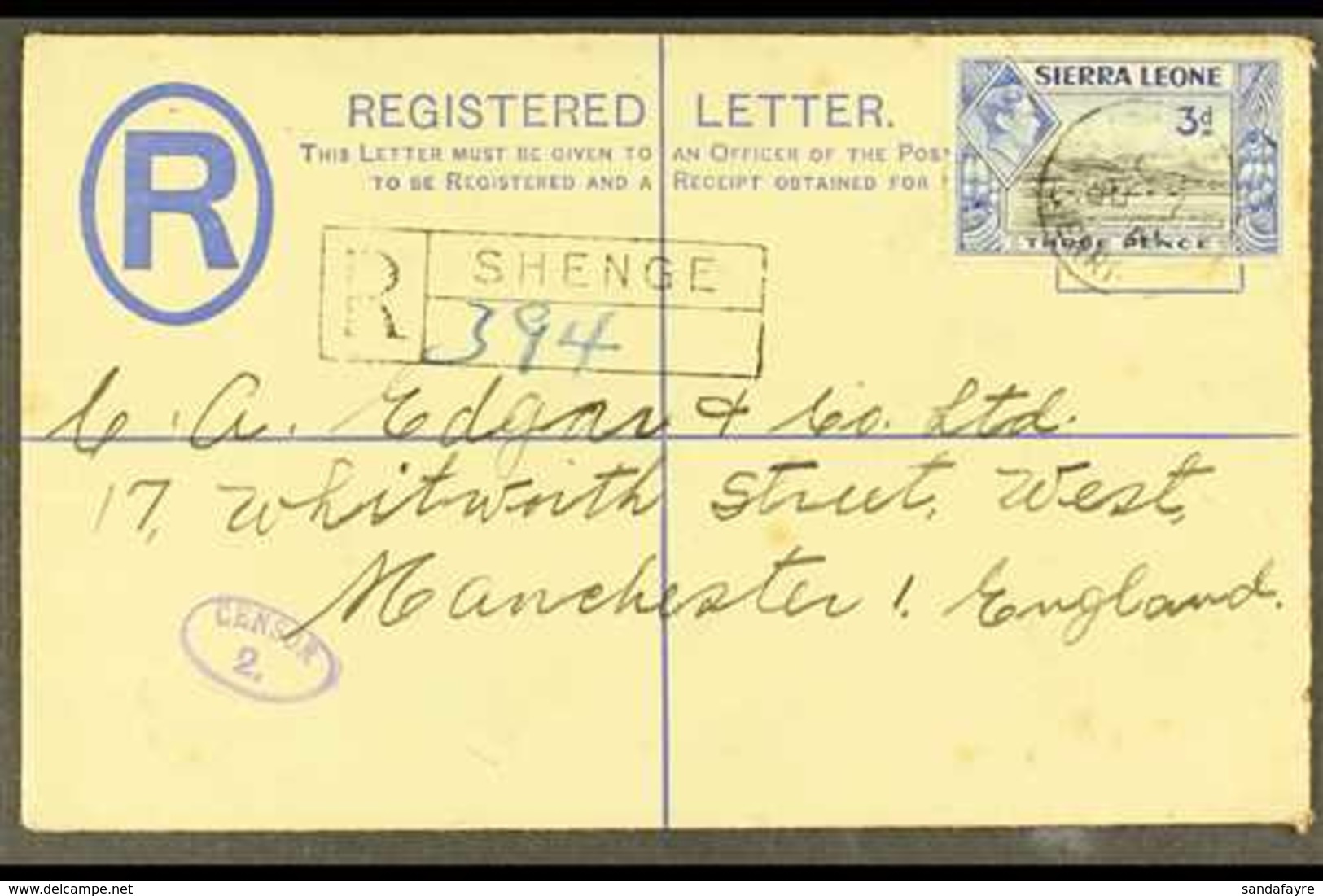 1941 (June) KGVI 3d. Registered Envelope Bearing Additional 3d, Shenge To England, Showing Oval Violet "CENSOR 2.", Neat - Sierra Leona (...-1960)