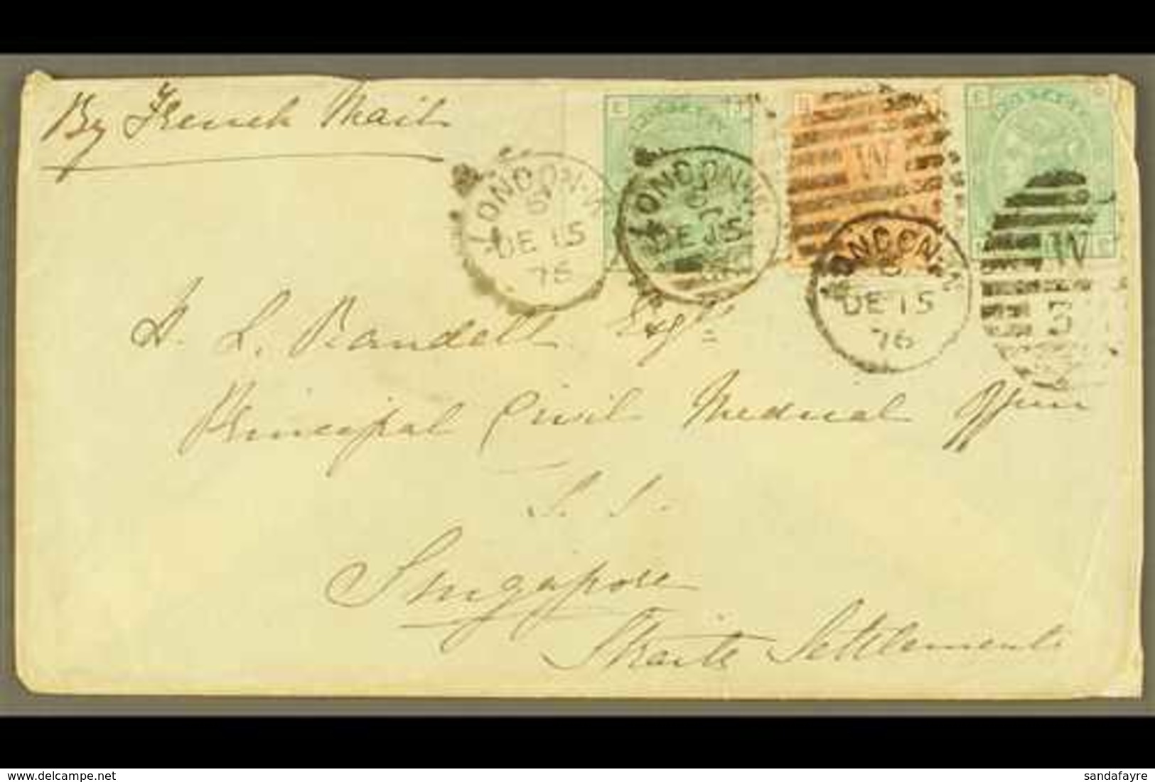 1876 INWARD COVER FROM LONDON Addressed To The Principal Civil Medical Officer, Franked 1875 1s Green Plate 12 (x2), SG  - Singapore (...-1959)