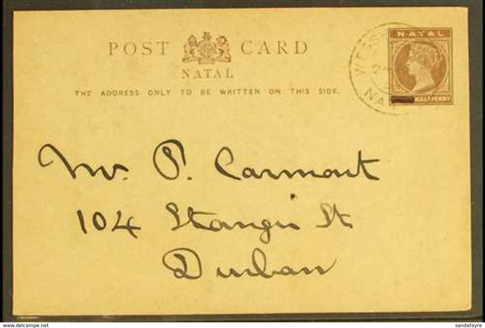 NATAL 1894 (24th Aug) ½d Stationery Postcard To Durban, Cancelled By Upright "WESSELSNEK / NATAL" C.d.s. Postmark, Ladys - Unclassified