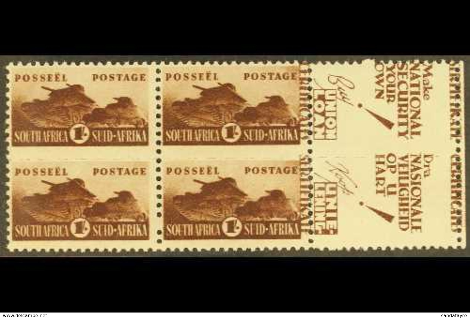 1942-4 1s Brown, Bantam War Effort, Right Marginal Block Of 4 (2 Units) With "CERTIFICATE" & "SERTIFIKATE" Printed On Th - Non Classificati