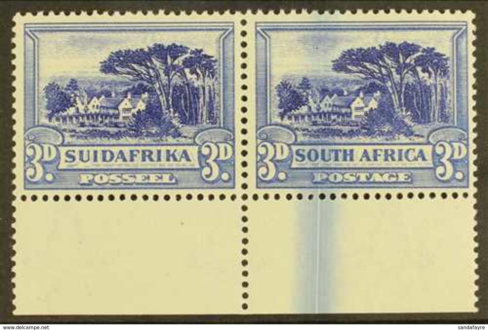 UNION VARIETY 1930-44 3d Blue, Watermark Inverted, Lower Marginal Example With LARGE INK FLAW Across Margin And Stamp, S - Ohne Zuordnung