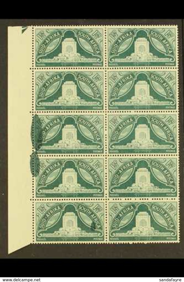 UNION VARIETY 1949 1½d Inauguration Of Voortrekker Monument, Left Marginal Block Of 10 Affected By TWO LARGE GREEN INK B - Ohne Zuordnung
