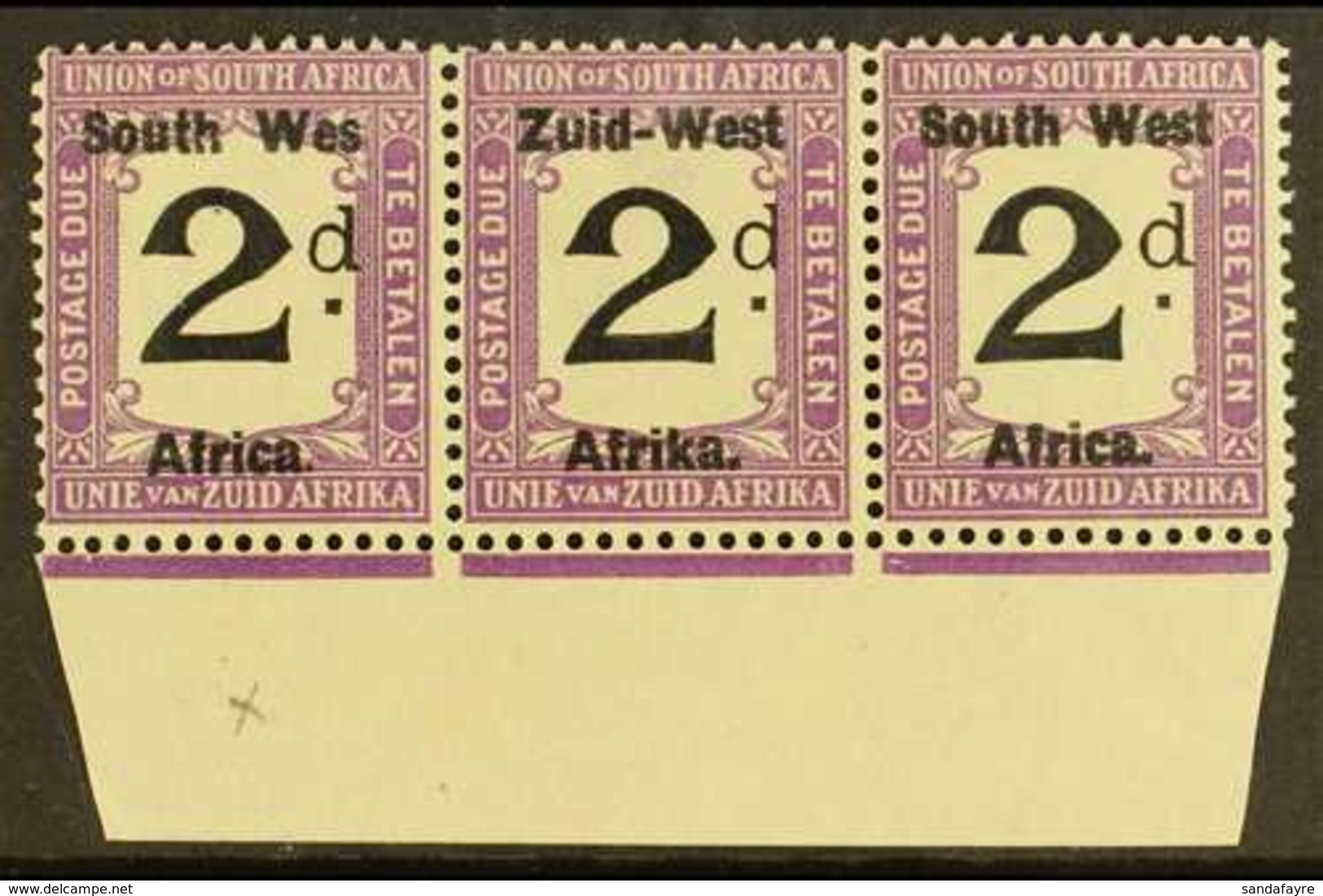 POSTAGE DUES 1923 2d Black And Violet, Marginal Strip Of 3, One Showing Variety "Wes For West", SG D3a, Very Fine NHM. F - Südwestafrika (1923-1990)