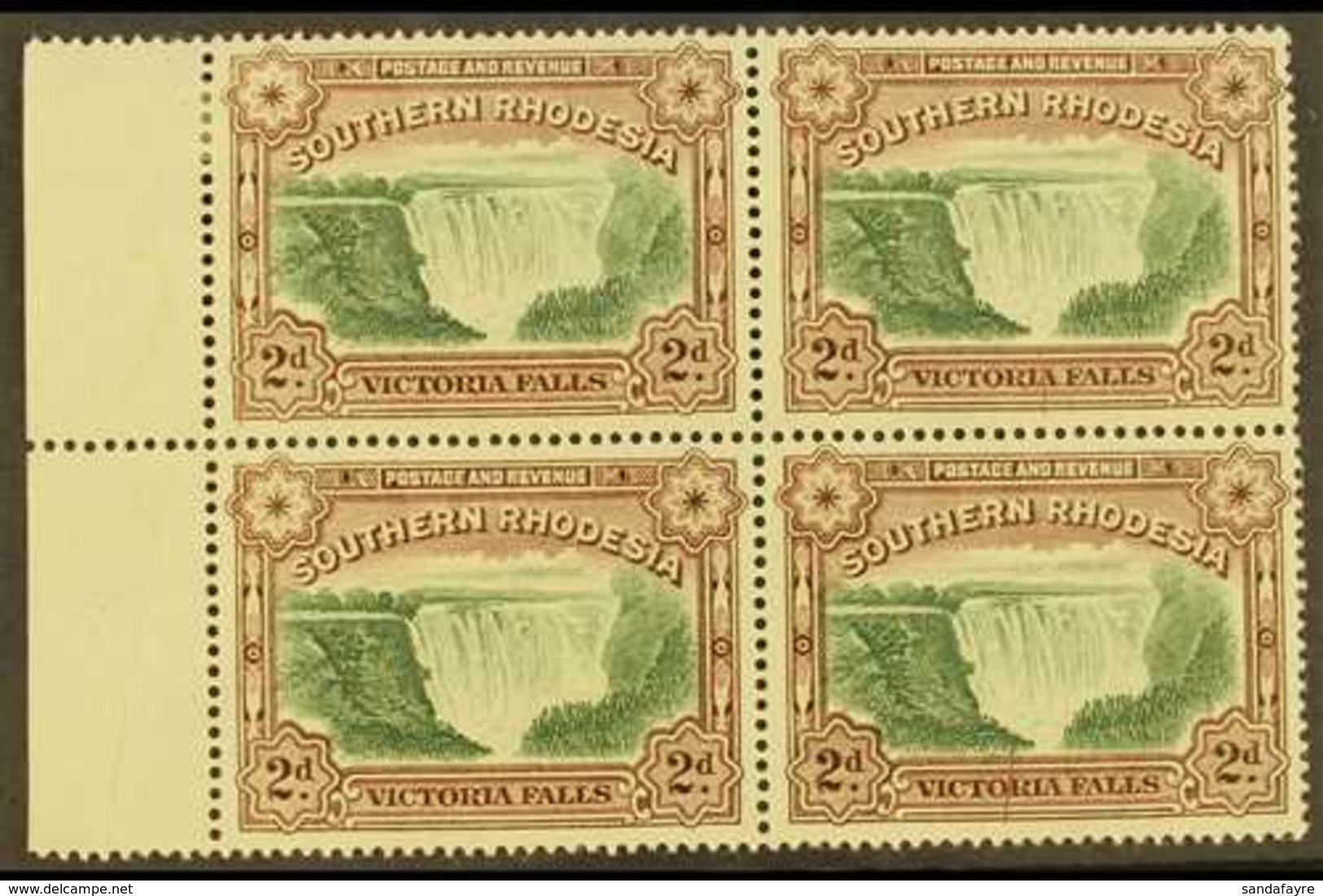 1935-41 2d Green & Chocolate, Perf.14 Victoria Falls, Block Of Four With Pre-printing Paper Creases Leaving Brown Lines  - Rhodesia Del Sud (...-1964)