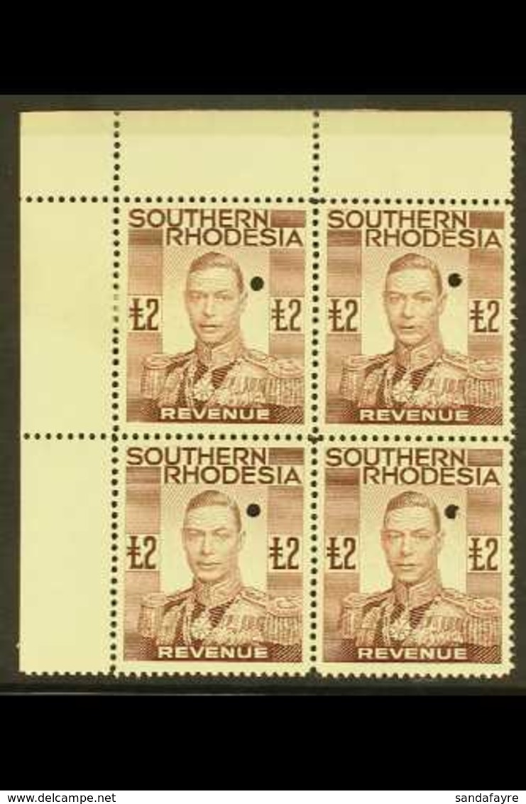 1937 £2 Brown, Geo VI, Revenue, Punched Proof, Perforated Top Left Corner Block Of 4 , Very Fine Mint. For More Images,  - Rhodesia Del Sud (...-1964)