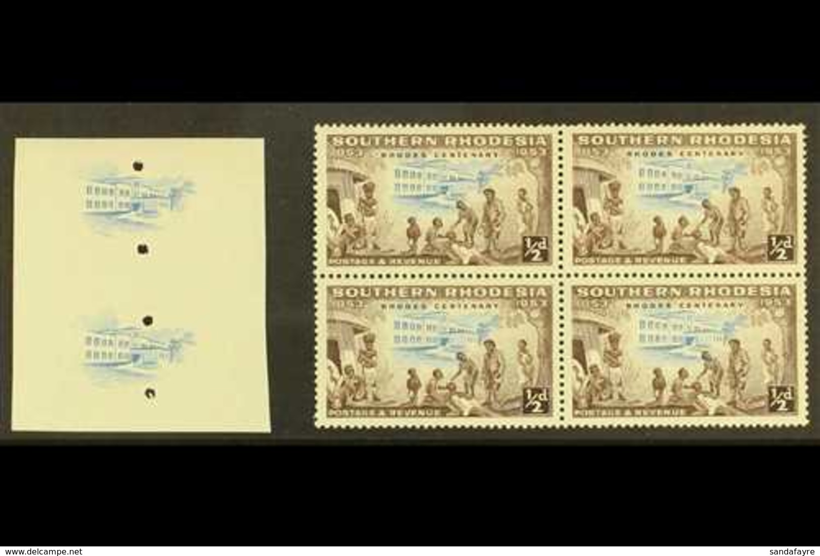 1953 ½d Cecil Rhodes, As SG 71,  Imperf Vertical Punched Imperf Plate Proof Of The Central Design In Issued Colour. For  - Rhodesia Del Sud (...-1964)