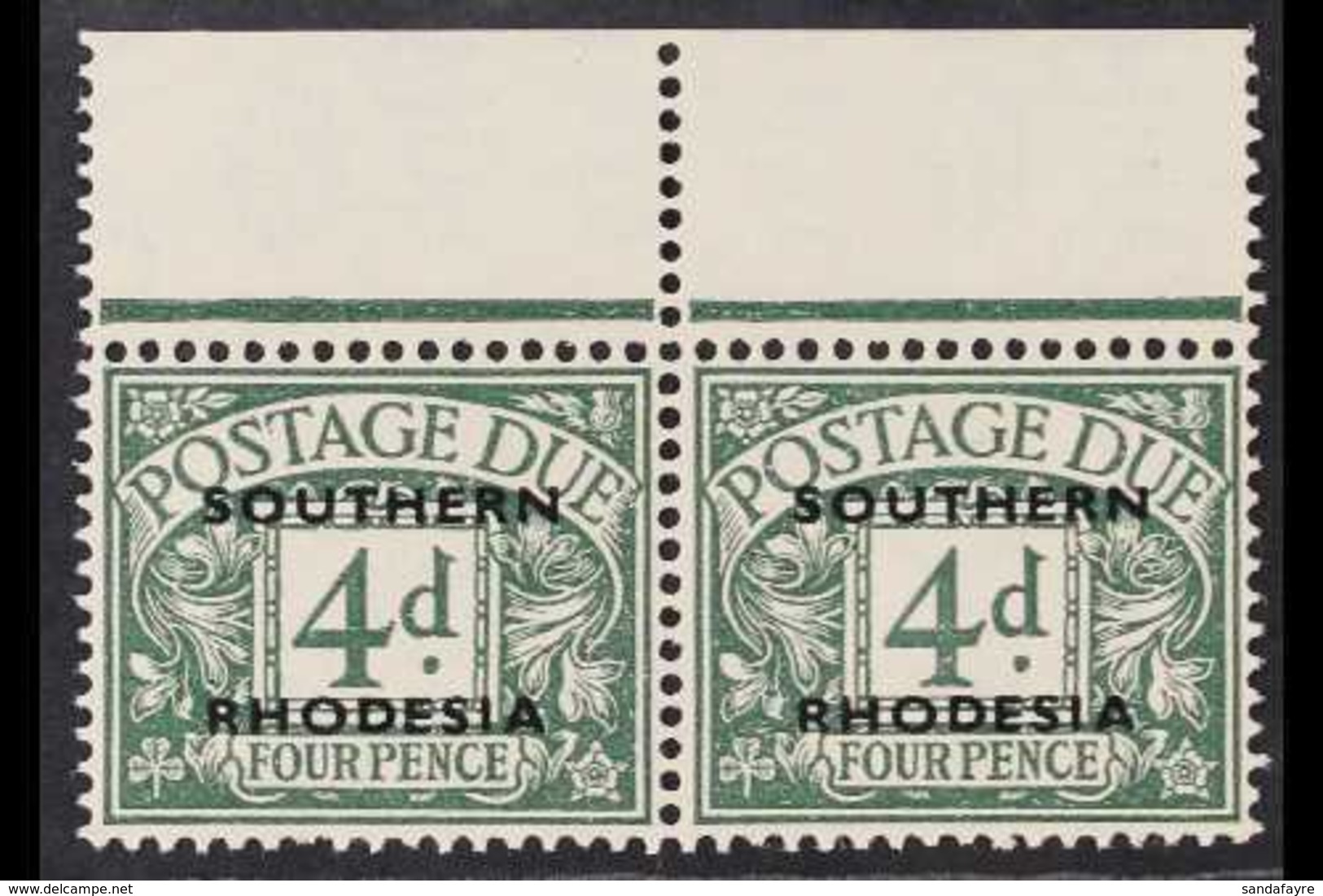 POSTAGE DUES 1951 4d Dull Grey Green, SG D6, Very Fine Never Hinged Top Margin Horizontal Pair. Elusive Stamp. For More  - Südrhodesien (...-1964)