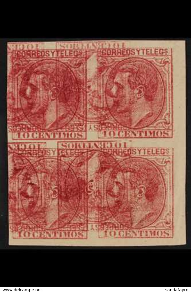 1879 King Alfonso XII 10c Rose (as Mi 178, Edifil 202, SG 265) - An Imperf Block Of Four On Ungummed Paper, Printed Doub - Altri & Non Classificati