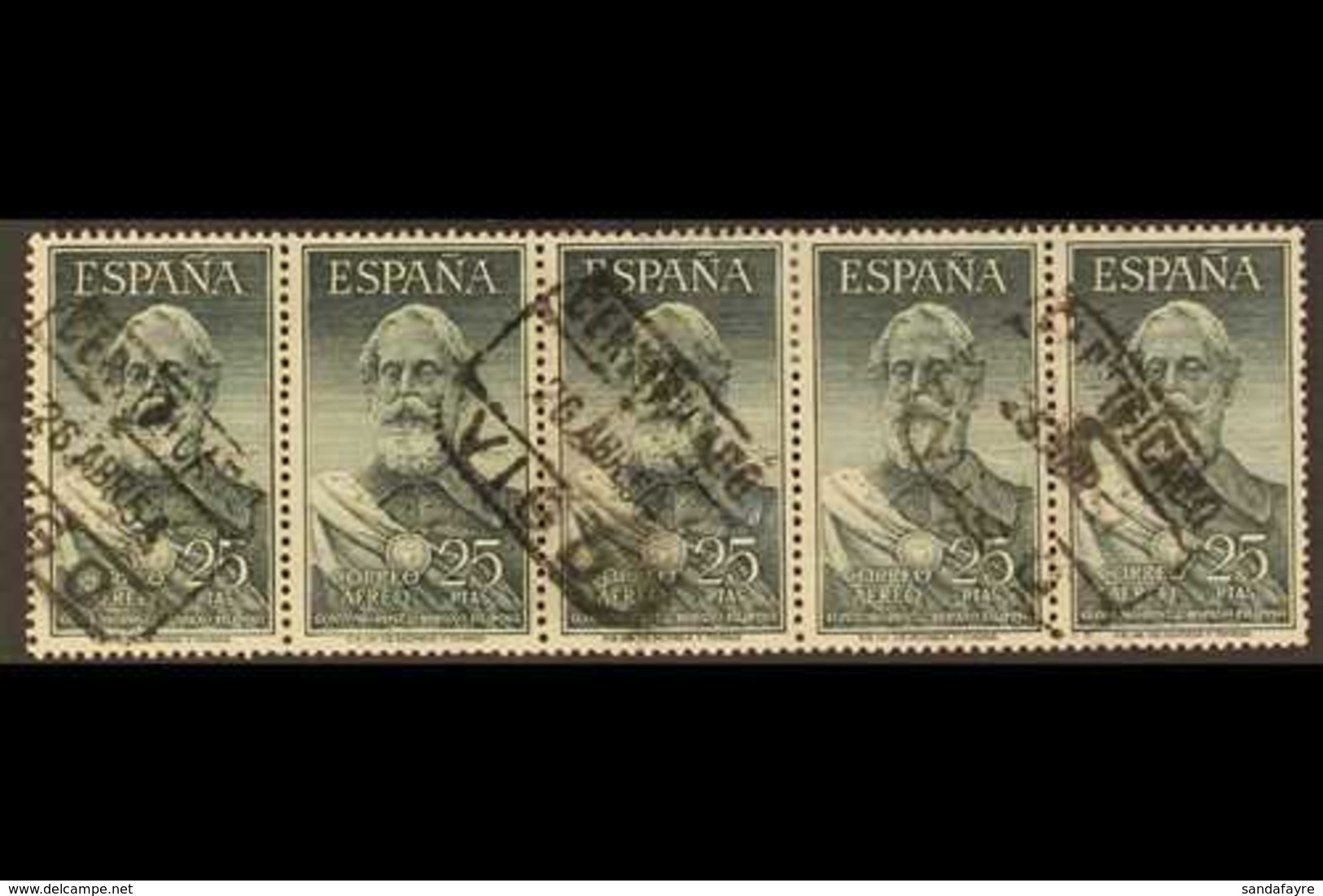 1953 25p Legazpi Air Stamp, SG 1191 (Edifil 1124), Used STRIP OF FIVE With Neat Certificado Datestamp Cancels. Rare Mult - Altri & Non Classificati