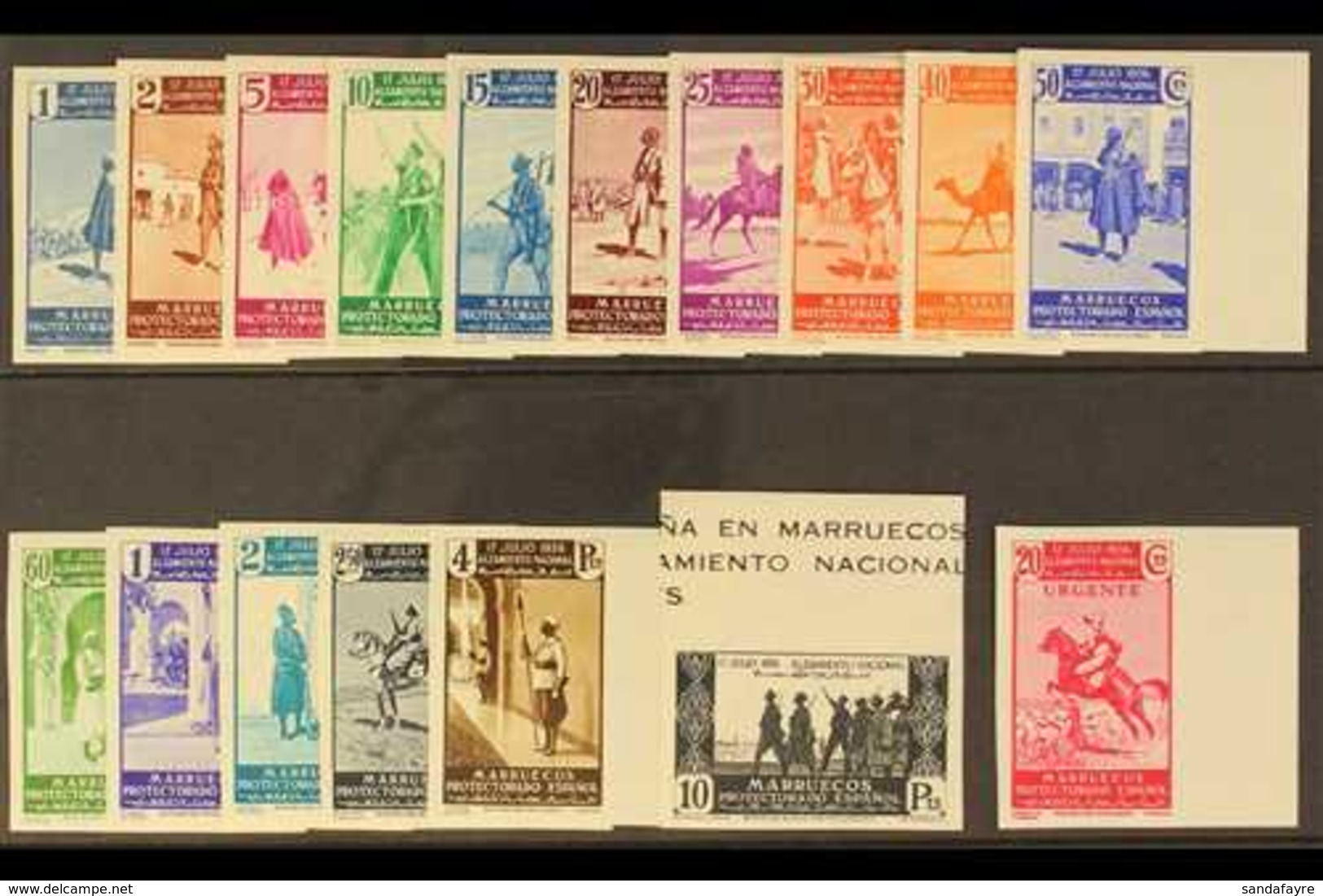 MOROCCO 1937 First Anniv. Of Civil War IMPERFORATE Set Complete Incl 20c Express Stamp, As SG 184/E200 (Edifil 169/185), - Sonstige & Ohne Zuordnung