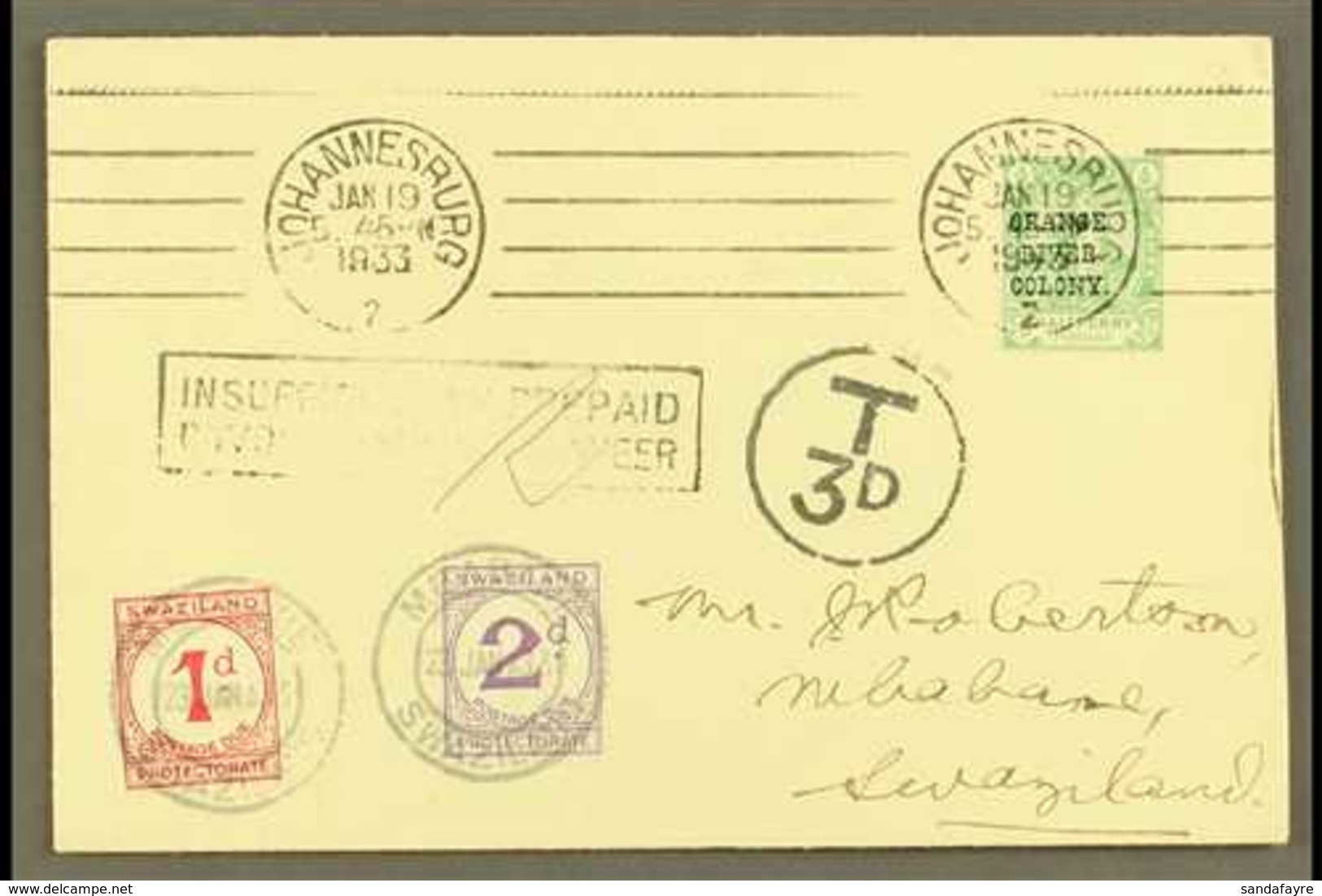 1933 POSTAGE DUE FIRST DAY COVER. 1933 (19 January) A Delightful And Highly Attractive Envelope Bearing Orange River Col - Swasiland (...-1967)