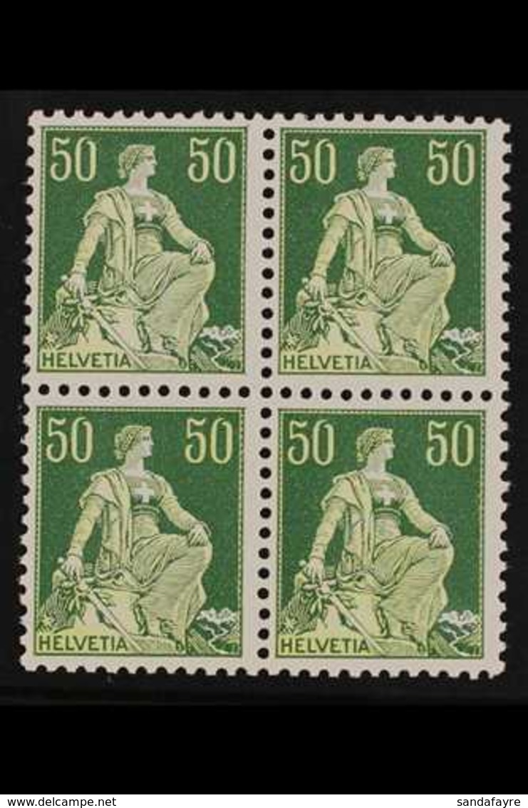 1908 50c Yellow Green & Deep Green "Helvetia" Chalky Paper, Smooth Gum, Mi 107y, SG 240b, BLOCK OF 4, Never Hinged Mint  - Other & Unclassified
