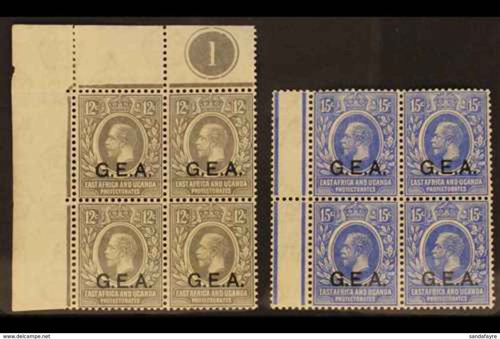 1921 MINT / NHM BLOCKS OF 4. 12c Grey "G.E.A." Opt, SG 63, Upper Left Corner CONTROL PLATE '1' BLOCK Of 4 Fine Mint (all - Tanganyika (...-1932)