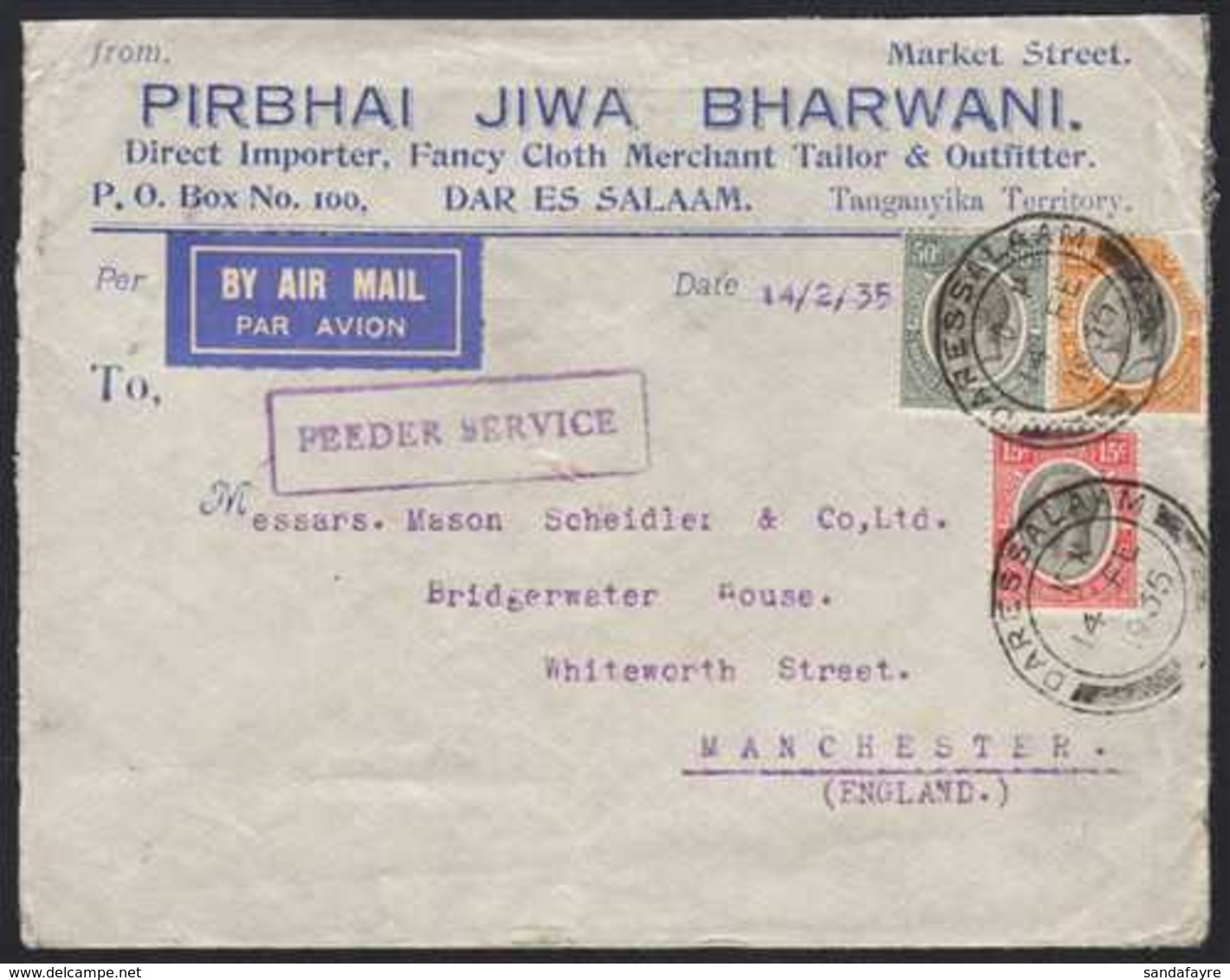 1935 Airmailed Commercial Advert Envelope To Manchester, Franked KGV 15c, 20c (torn) & 50c, Tied DARESSALAAM Date Stamp  - Tanganyika (...-1932)