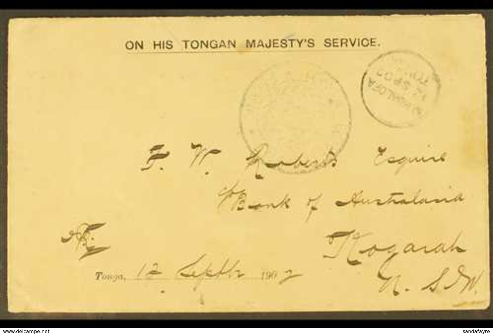 1902 (12 Sep) Stampless Official 'On His Tongan Majesty's Service' Envelope To New South Wales With "TONGA GOVERNMENT FR - Tonga (...-1970)