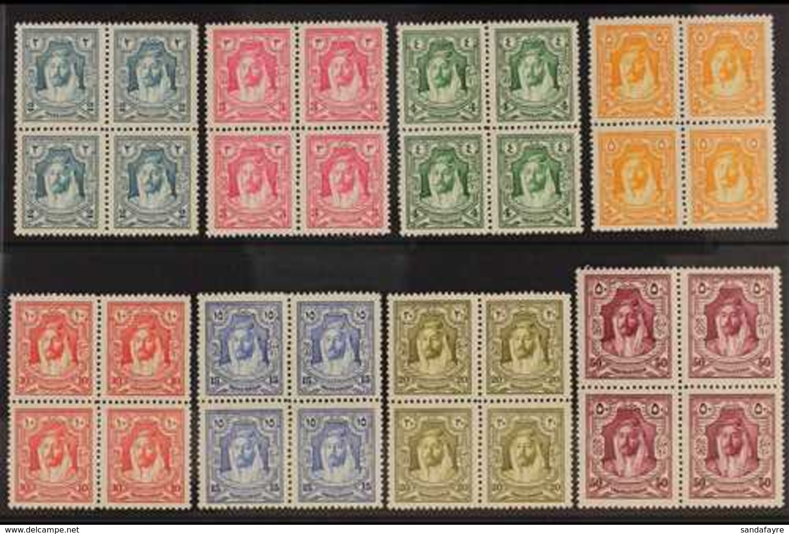 1927-29 Emir Abdullah Complete Set To 50m, SG 159/66, Superb Never Hinged Mint BLOCKS Of 4, Very Fresh. (8 Blocks = 32 S - Jordanien