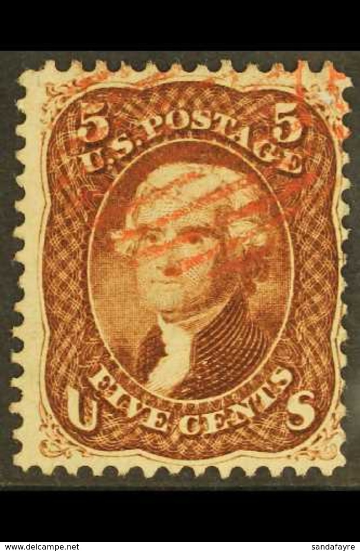 1862-66 5c Dark Red-brown Jefferson, SG 71a (Scott 75), Fine Used With Neat Red Barred Cancel, Buhler Guarantee Mark, Ca - Other & Unclassified