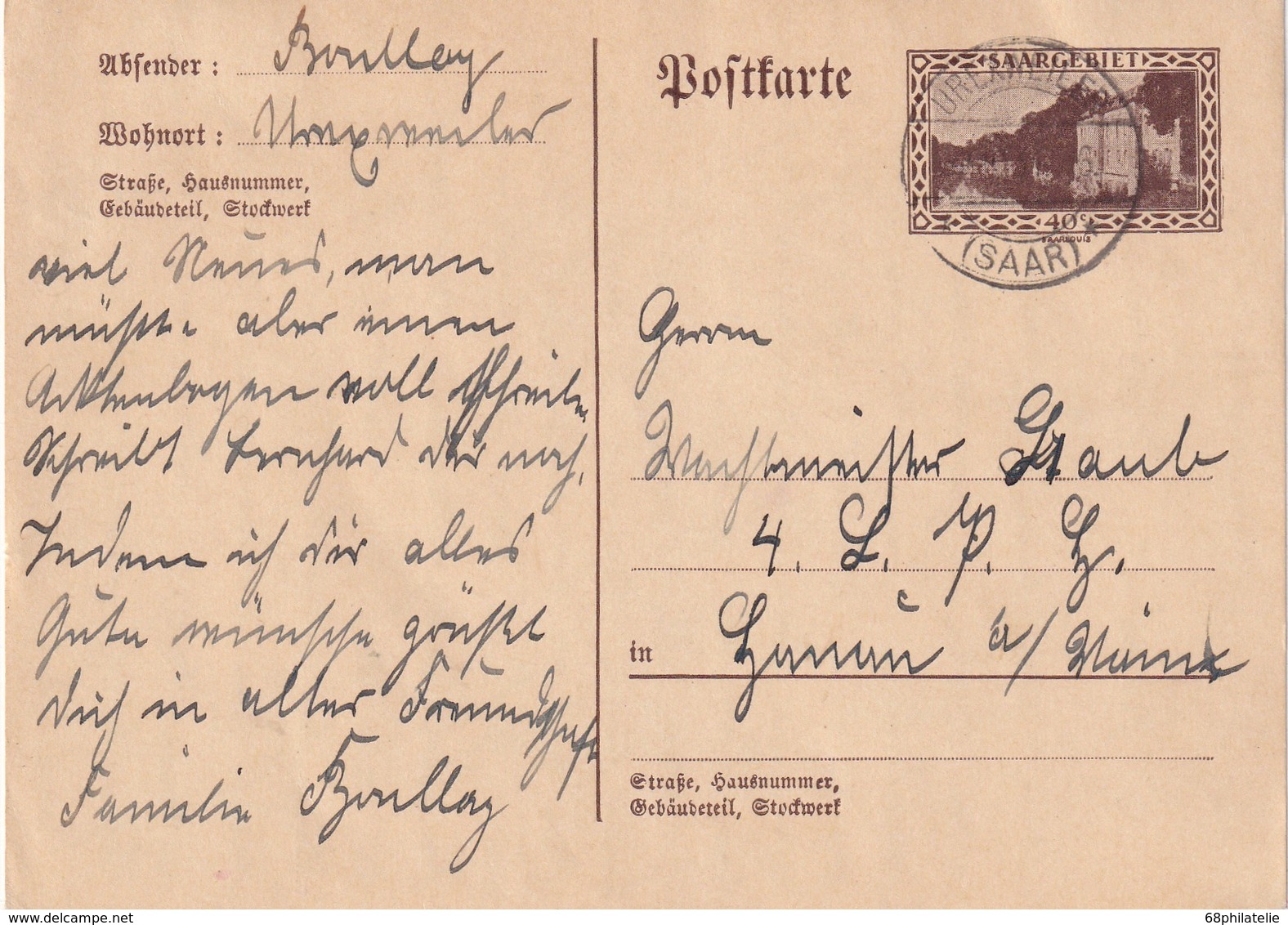 SARRE 1934   ENTIER POSTAL/GANZSACHE/POSTAL STATIONERY CARTE DE UREXWEILER   MI P30F - Postal Stationery