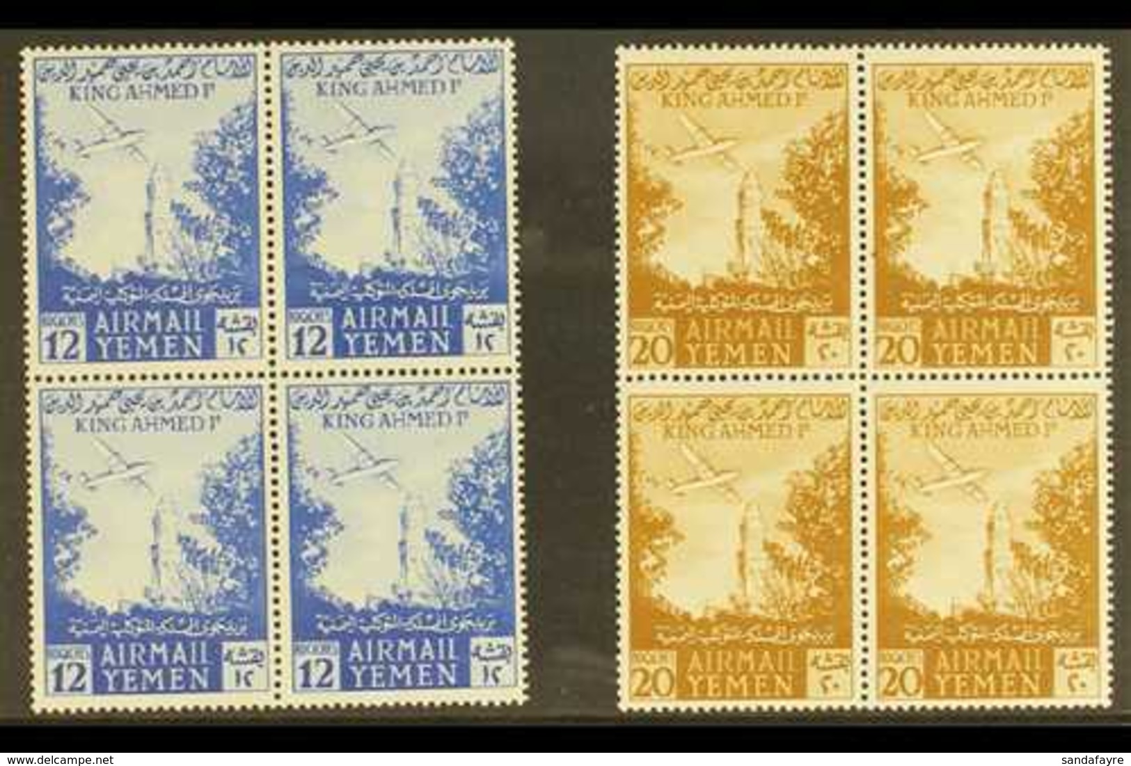 1953 Air Post 12b Bright Blue & 20b Light Bistre Brown (SG 104/05) BLOCKS OF 4, Never Hinged Mint (2 Blocks = 8 Stamps)  - Yemen