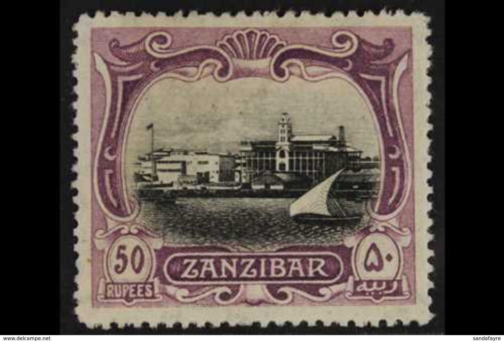 1908 50r Black And Mauve, View Of The Port, SG 243, Very Fine And Fresh Mint. Signed Diena. For More Images, Please Visi - Zanzibar (...-1963)