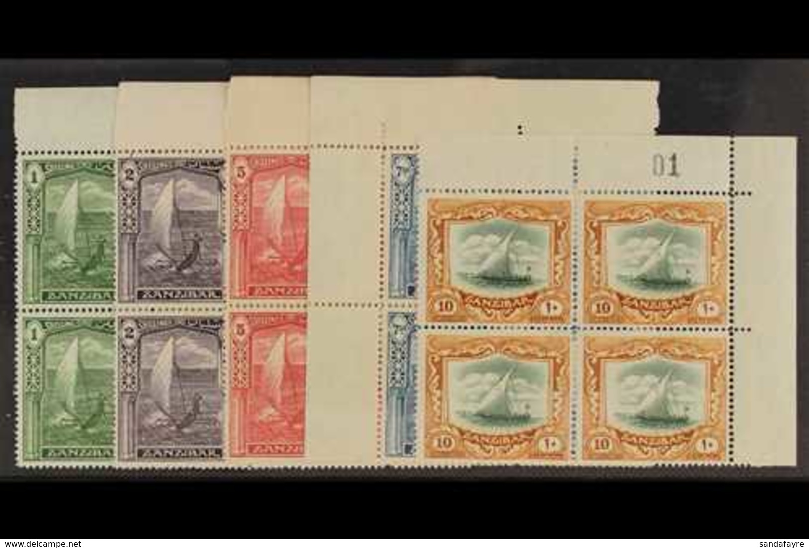 1936 1s To 10s High Values, Wmk Script , SG 318/22, In Never Hinged Mint Blocks Of 4. (20 Stamps) For More Images, Pleas - Zanzibar (...-1963)