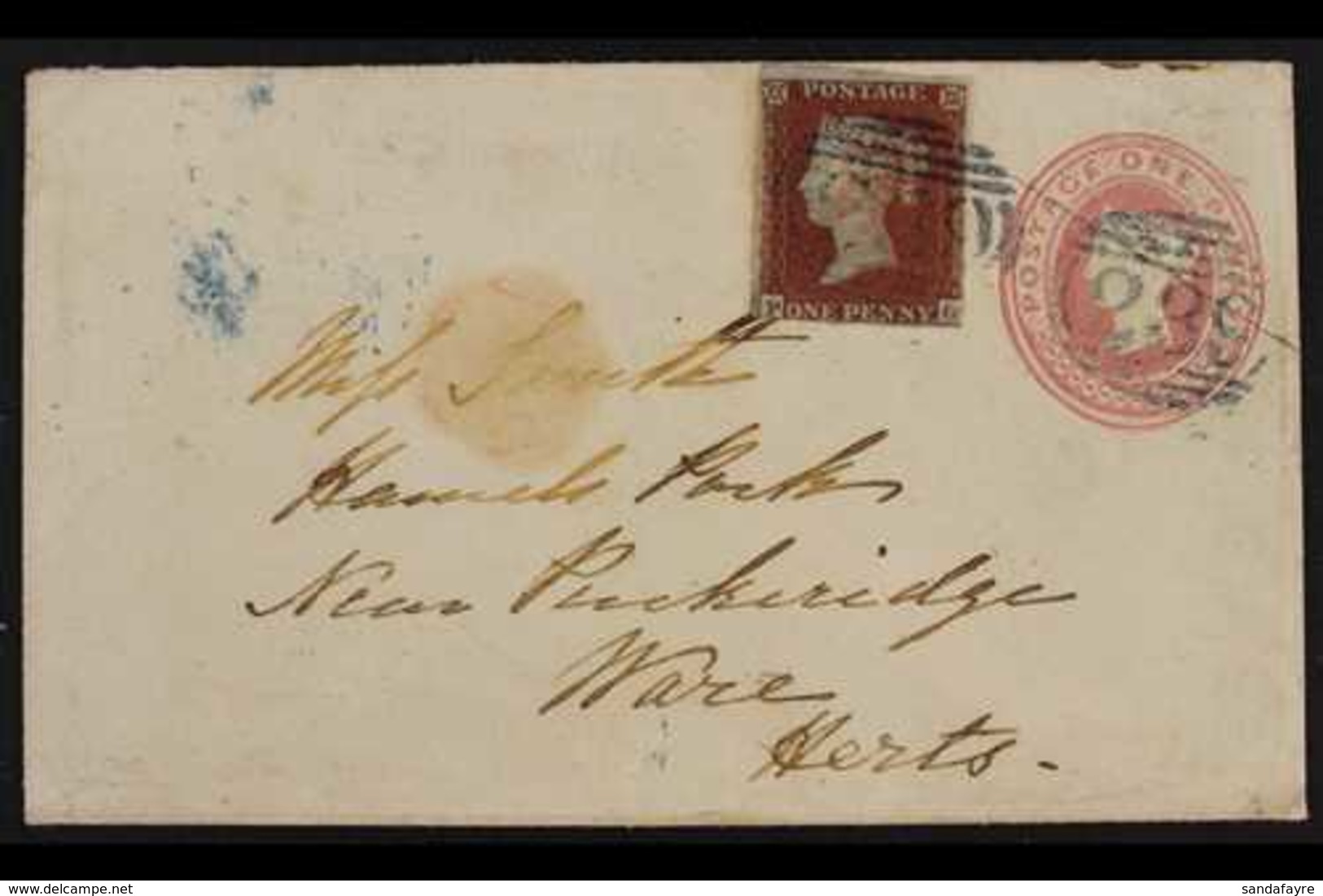 1852 (17 Apr) 1d Pink Embossed Printed Postal Stationery Envelope Uprated With 1d Red-brown Imperf. To Ware, Herts, Canc - Sonstige & Ohne Zuordnung