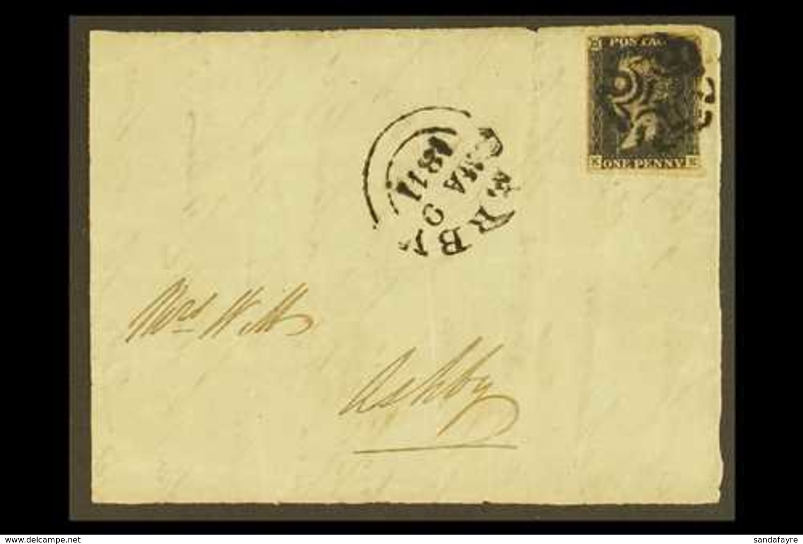 1840 1d Black "K E" Plate 1b, SG 2, Used On Large Piece Of Entire Front, Tied By Black Maltese Cross Postmark, "DERBY /  - Non Classificati