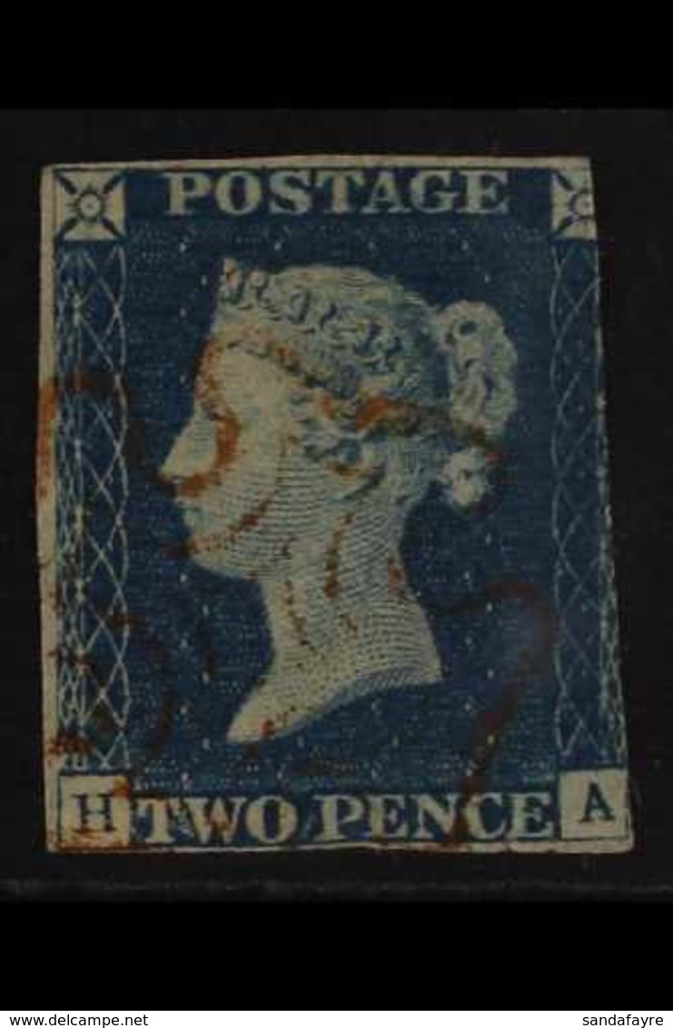 1840 2d Blue 'HA' Plate 1, SG 5, Used With Light Neat Red Maltese Cross Cancel, Three Margins, Faults, Cat £975. For Mor - Other & Unclassified