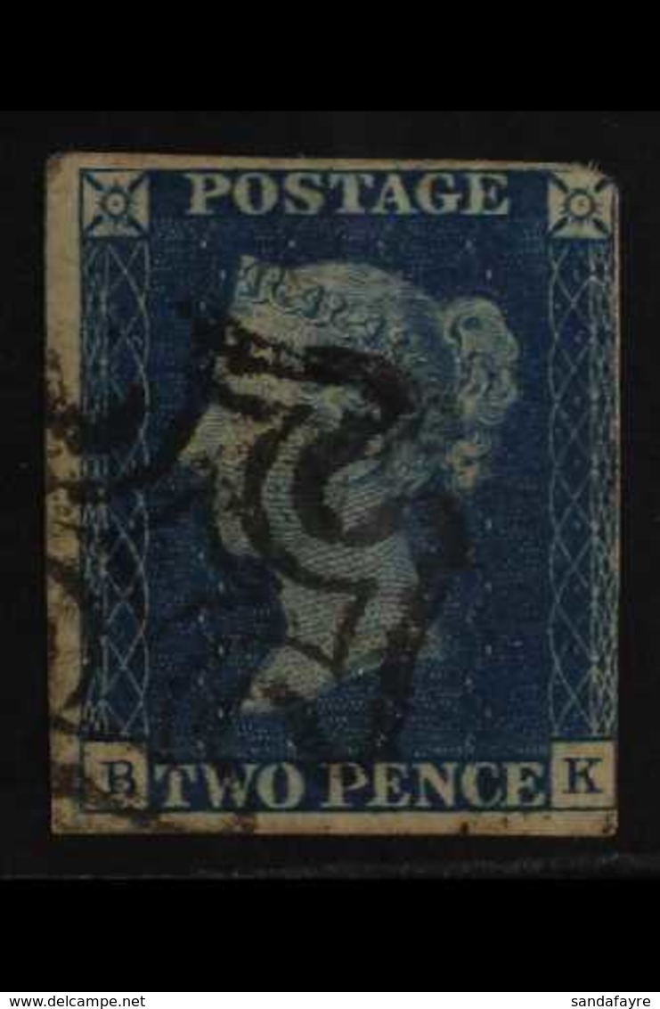 1840 2d Blue 'BK' Plate 2, SG 5, Used With Neat Black Maltese Cross Cancel, 2++ Large Margins, Nice Colour, Cat £1,100.  - Other & Unclassified