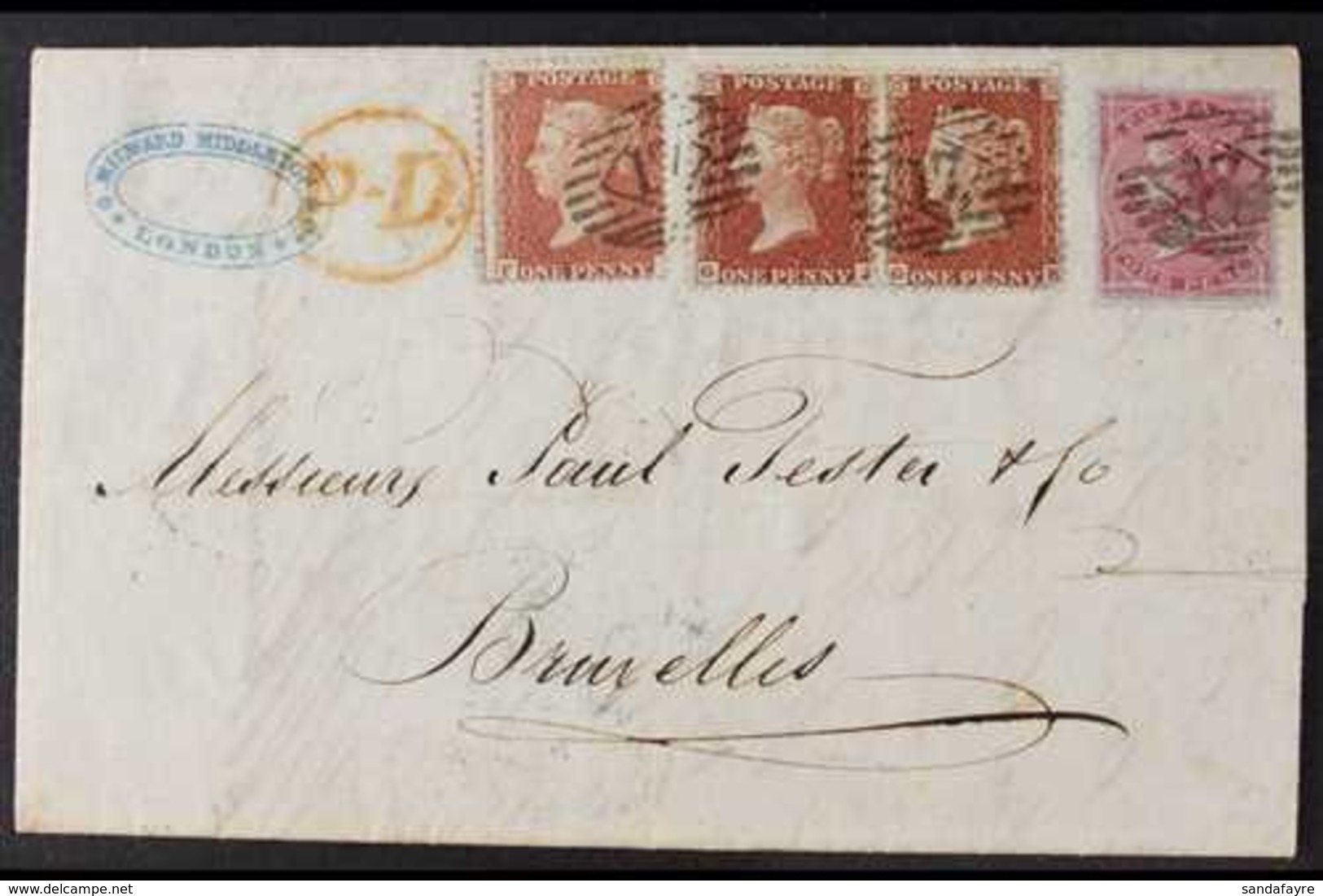 1855 (5 Dec) Entire Letter Addressed To Belgium, Bearing 1854-57 1d (x3) SG 29 And 1855-57 4d Wmk Small Garter SG 62 Tie - Sonstige & Ohne Zuordnung