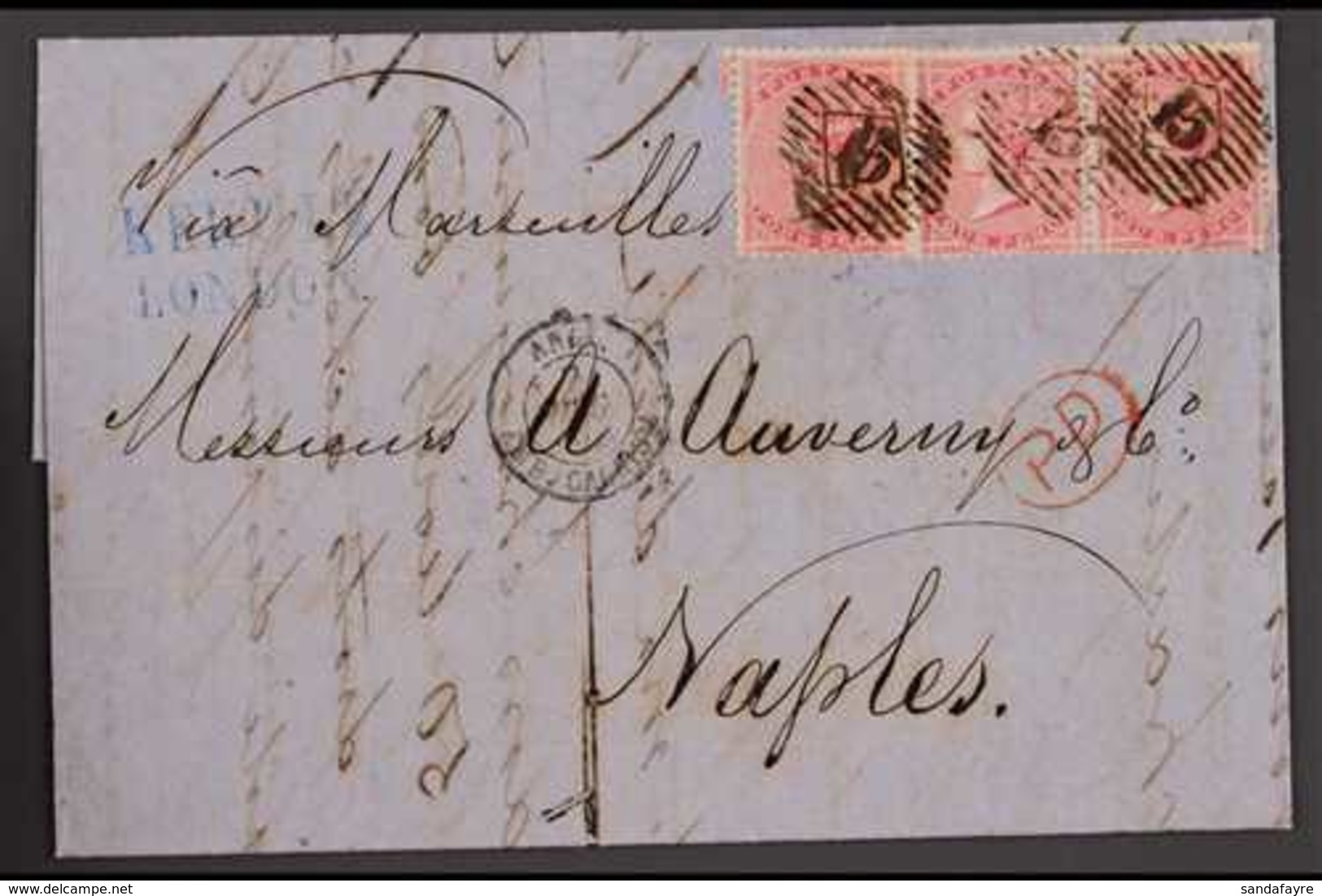 1859 (Dec) A Neat And Attractive Entire Letter From London To Naples, Bearing 4d Rose Strip Of Three Tied By "15" Cancel - Sonstige & Ohne Zuordnung