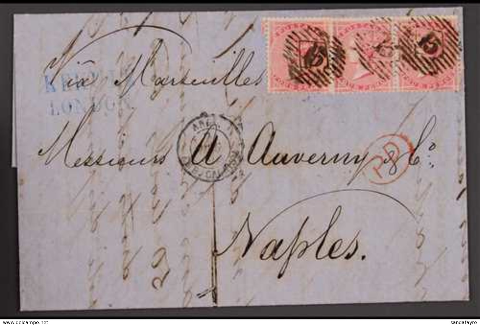 1859 (Dec) A Neat And Attractive Entire Letter From London To Naples, Bearing 4d Rose Strip Of Three Tied By "15" Cancel - Other & Unclassified