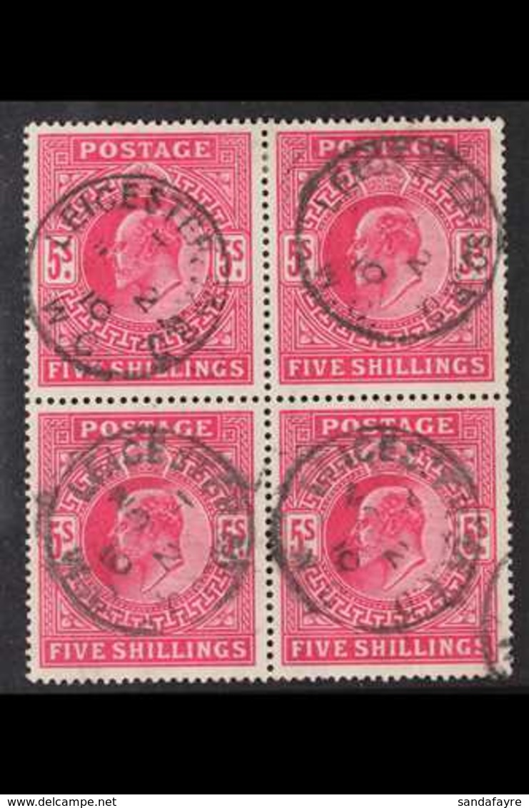 1902-10 5s Deep Bright Carmine KEVII De La Rue Printing, SG 264, Fine Cds Used BLOCK Of 4 Each Stamp Cancelled By "Leice - Unclassified