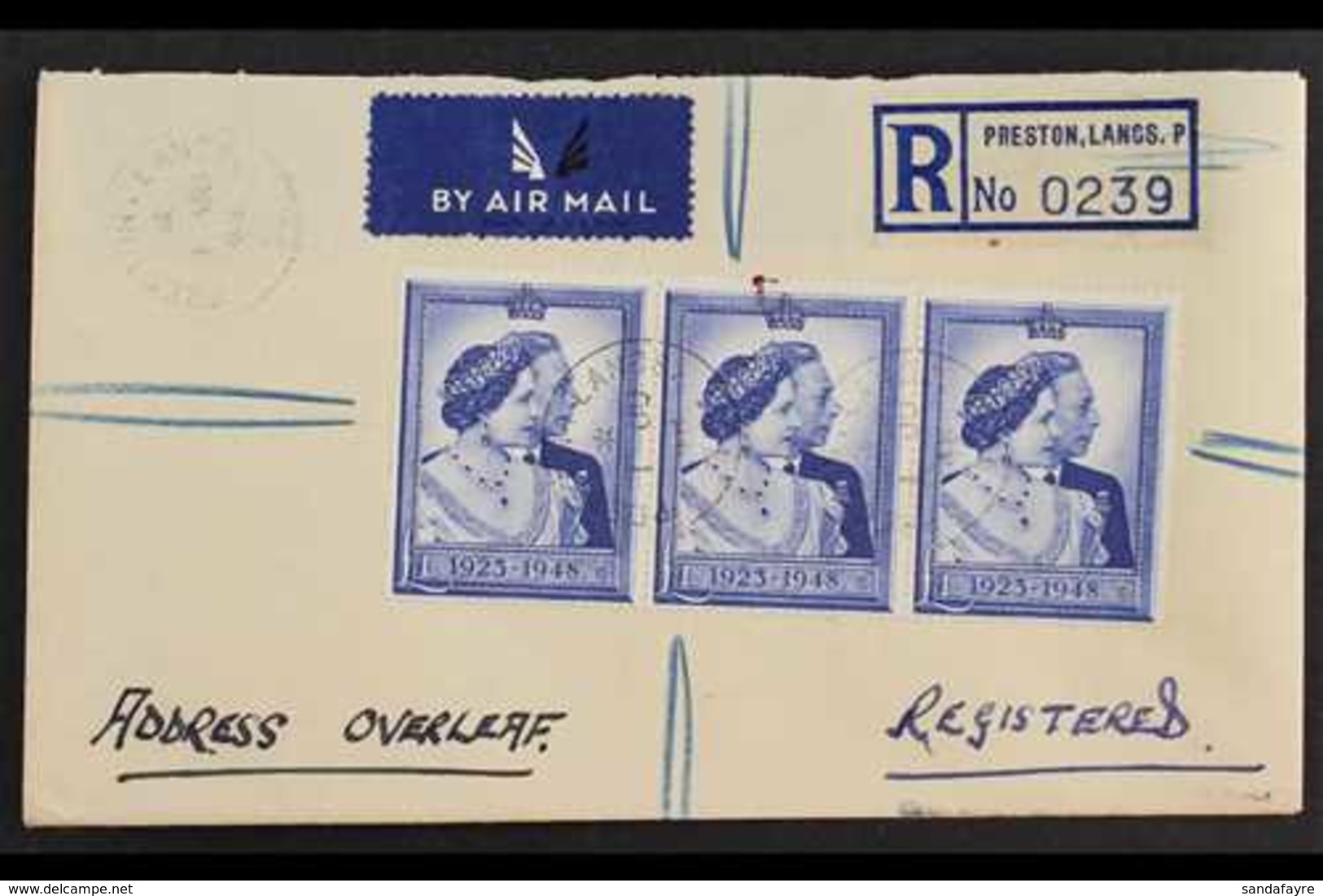 1948 (1 Jun) Registered Env To Australia With Strip 3 1948 £1 Silver Wedding Stamps Cancelled Preston - Lancs Cds's (1 S - Non Classificati