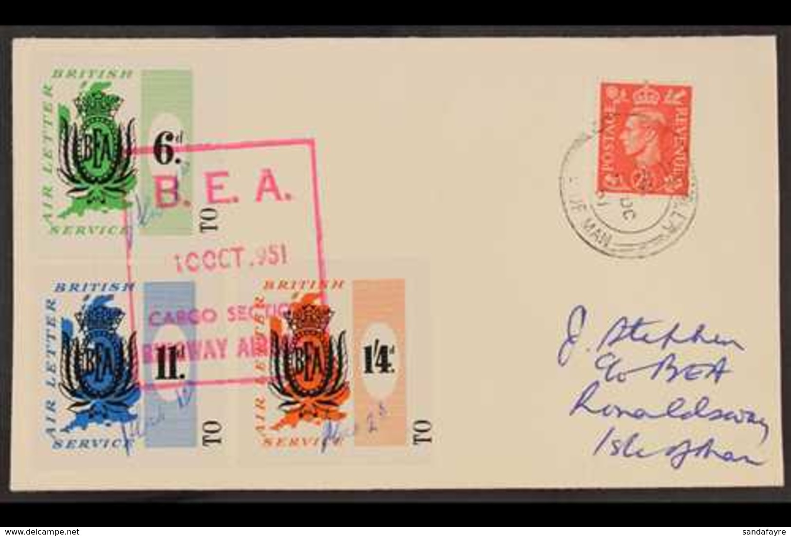 ISLE OF MAN 1951 (10 Oct) B.E.A. AIR LETTER COVER To The Isle Of Man Bearing B.E.A. 6d, 11d And 1s4d Labels With Manuscr - Altri & Non Classificati