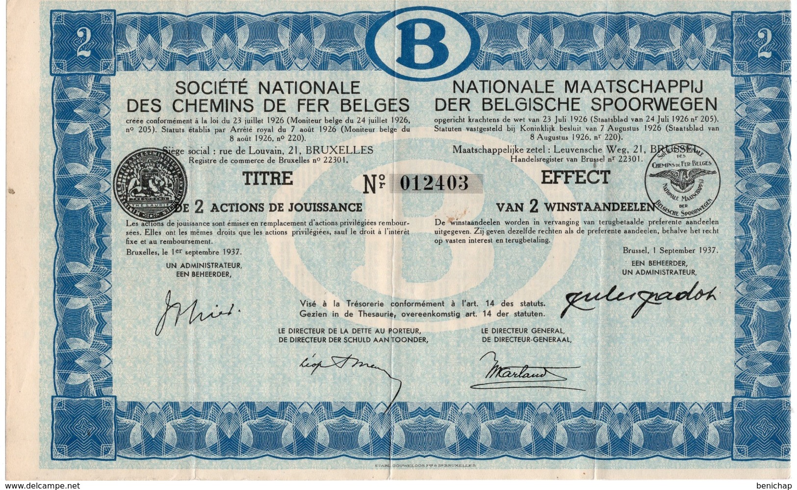 Titre De Bourse NMBS - SNCB - De 2 Actions De Jouissance - Van 2  Winstaandeelen - 1937. - Spoorwegen En Trams