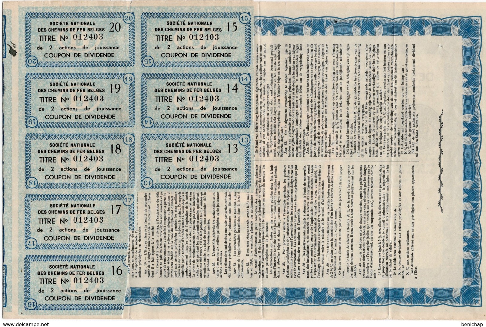 Titre De Bourse NMBS - SNCB - De 2 Actions De Jouissance - Van 2  Winstaandeelen - 1937. - Spoorwegen En Trams