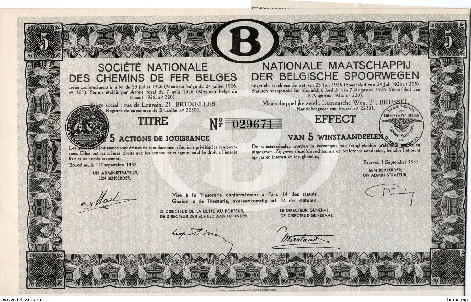 Titre De Bourse NMBS - SNCB - De 5 Actions De Jouissance - Van 5 Winstaandeelen - 1937. - Ferrocarril & Tranvías