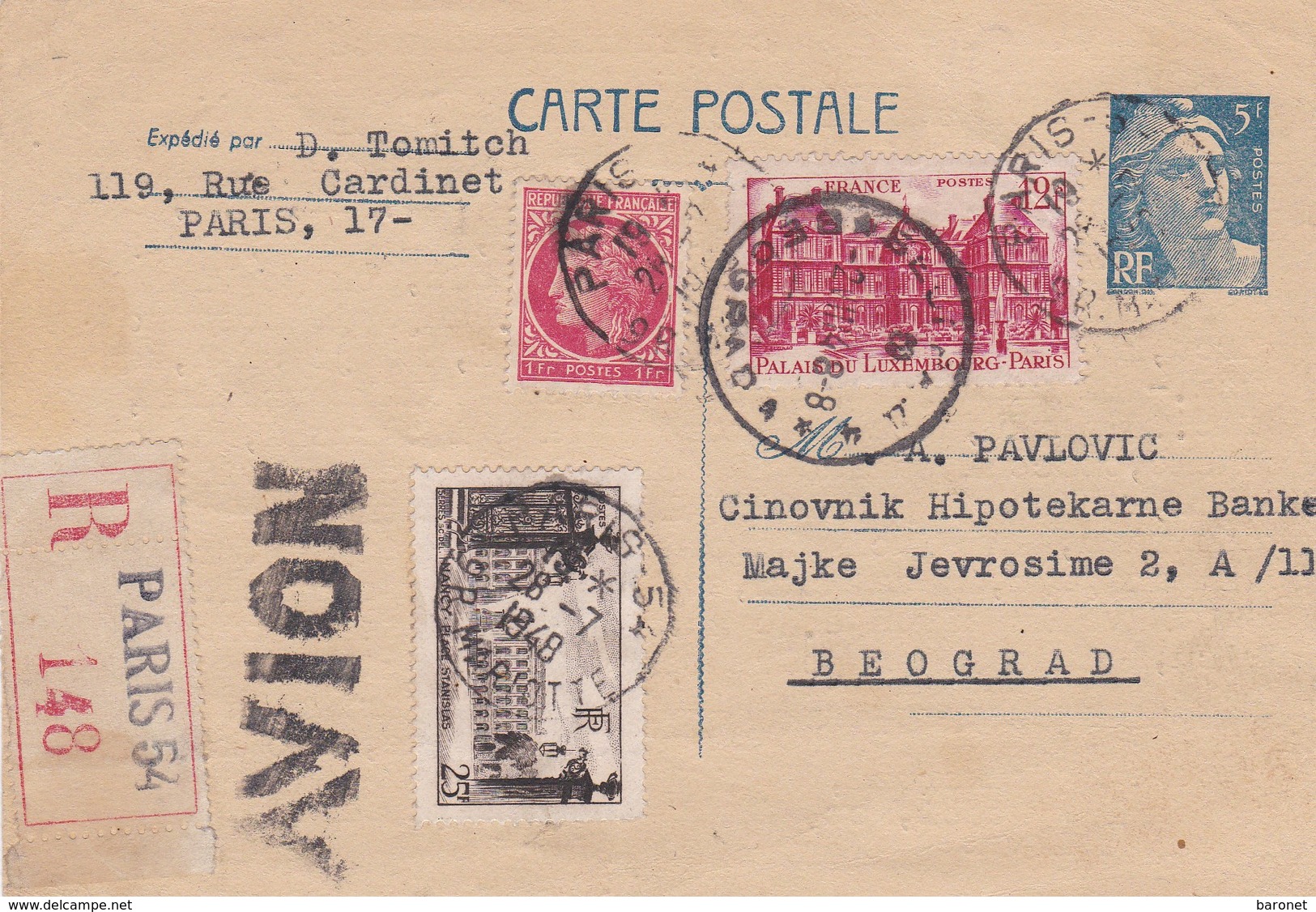 Entier Postal CP 5f Gandon Recommandé Par Avion  + T.P. Ob Paris 148 28 7 1948 Pour Beograd - Cartoline Postali E Su Commissione Privata TSC (ante 1995)