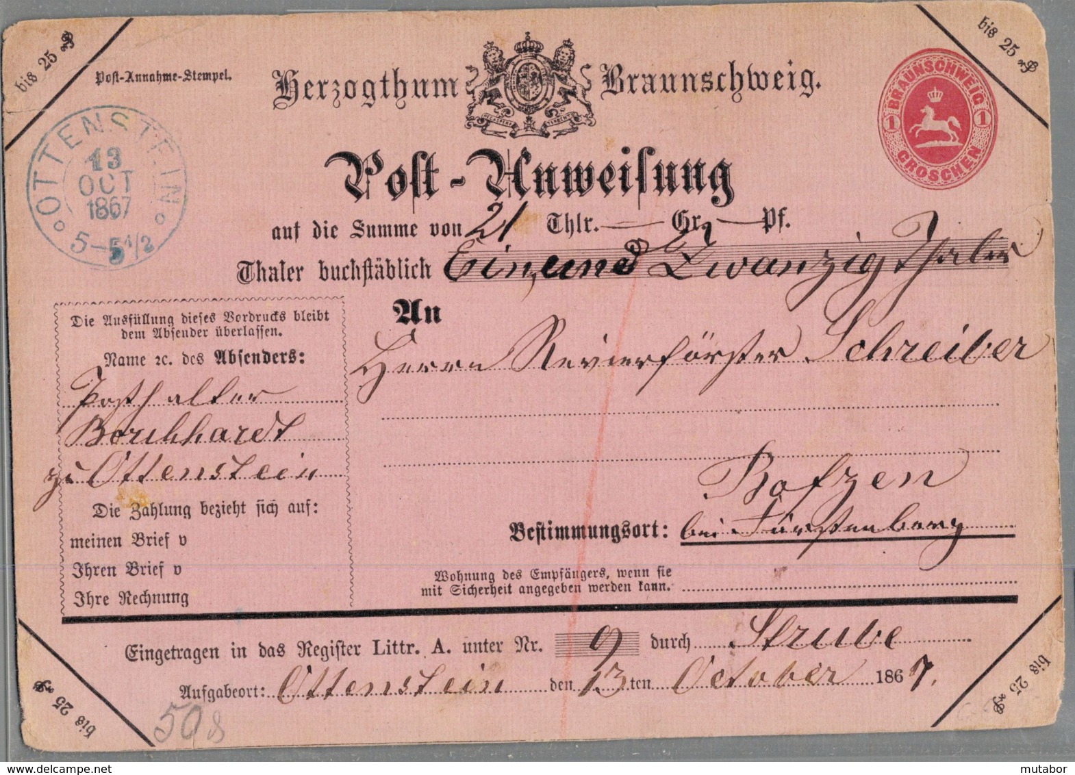 1867 OTTENSTEIN Herzogthum Braunschweig Post-Anweisung 1 Gr. - Precursores