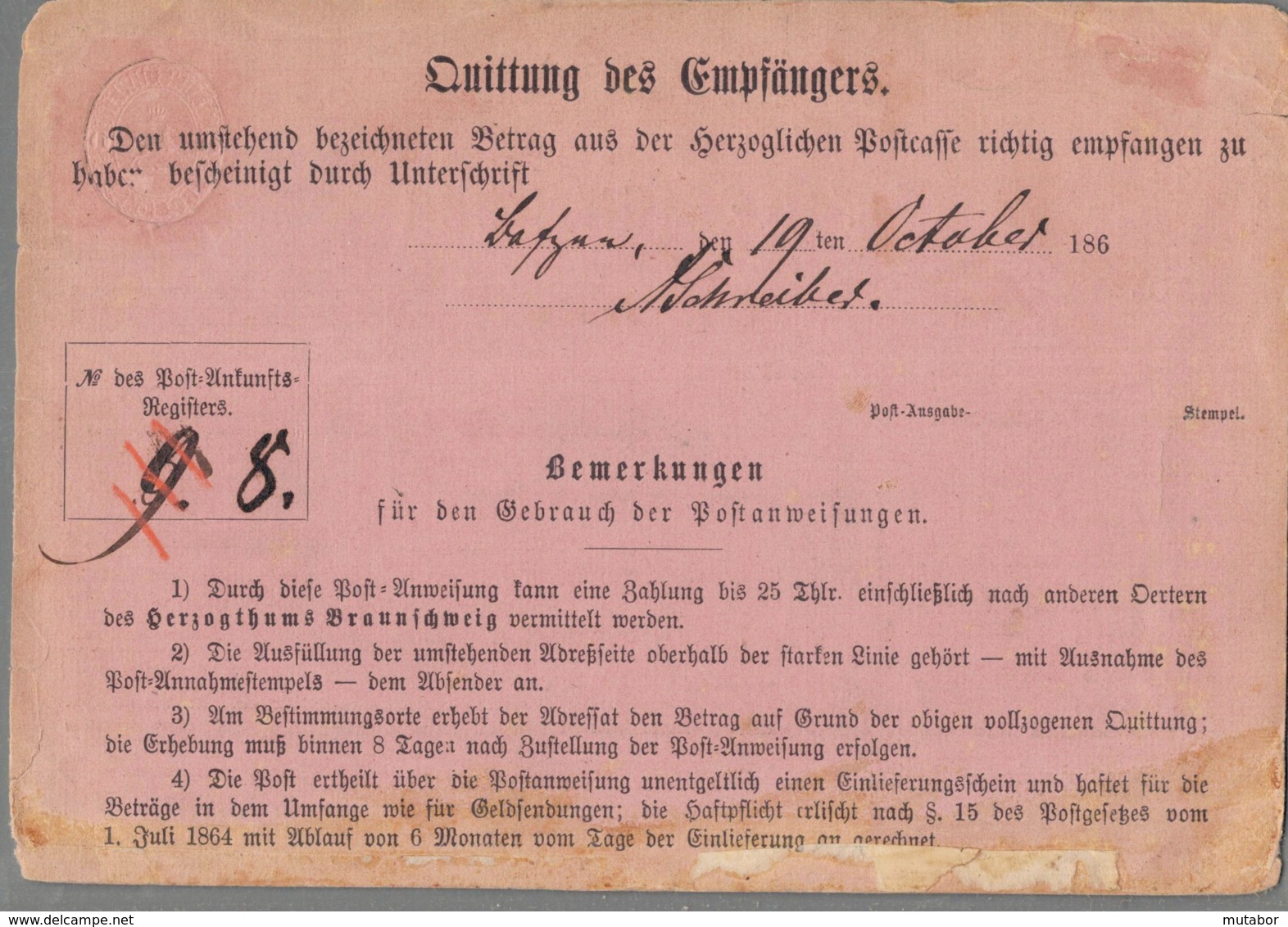 1867 OTTENSTEIN Herzogthum Braunschweig Post-Anweisung 1 Gr. - Precursores