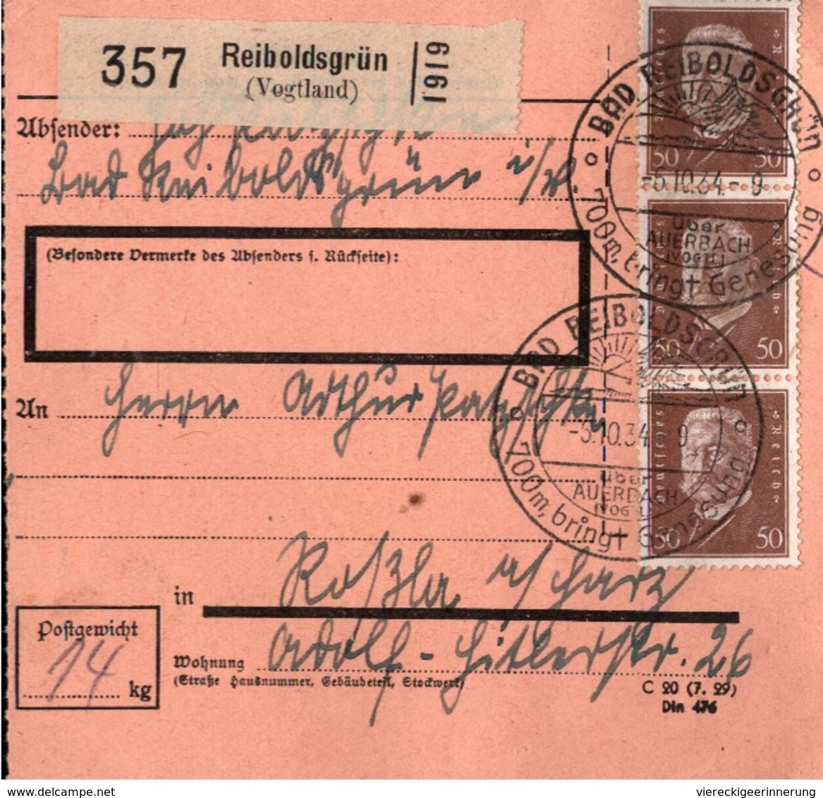 ! 1934 Paketkarte Deutsches Reich, Reiboldsgrün Im Vogtland - Briefe U. Dokumente