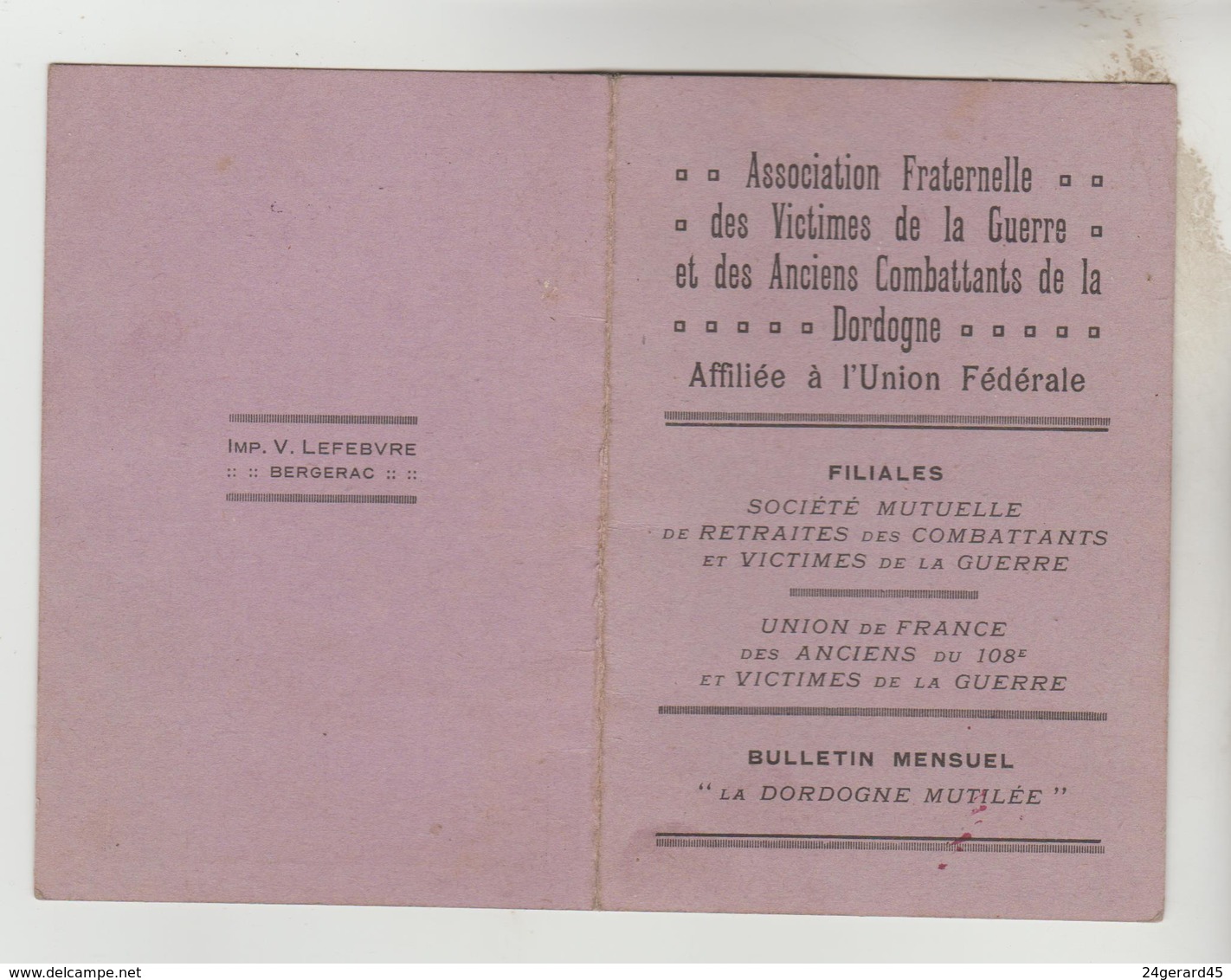 CARTE ADHERENT N°01457 ASSOCIATION FRATERNELLE DES VICTIMES DE LA GUERRE ET ANCIENS COMBATTANTS DE LA DORDOGNE - Other & Unclassified